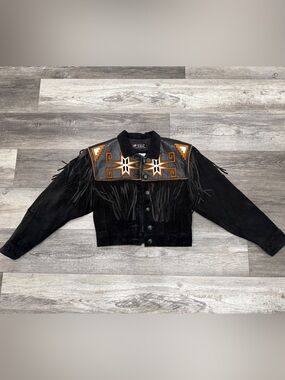 Vintage Black Suede Fringe Bomber Jacket with Embroidered Yoke